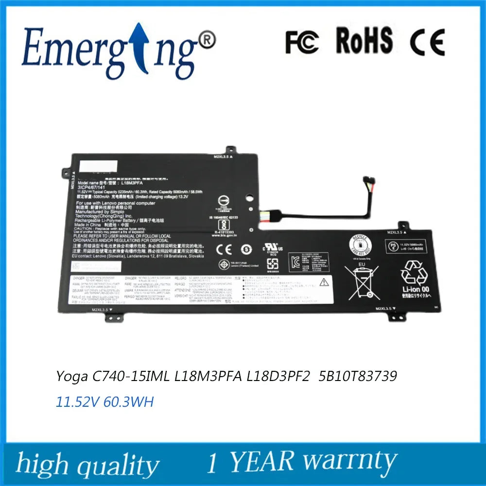 11.52V 60.3Wh New Original  Laptop Battery  for Lenovo Yoga C740-15IML Yoga C740-15 L18D3PF2 L18M3PFA 5B10T83739