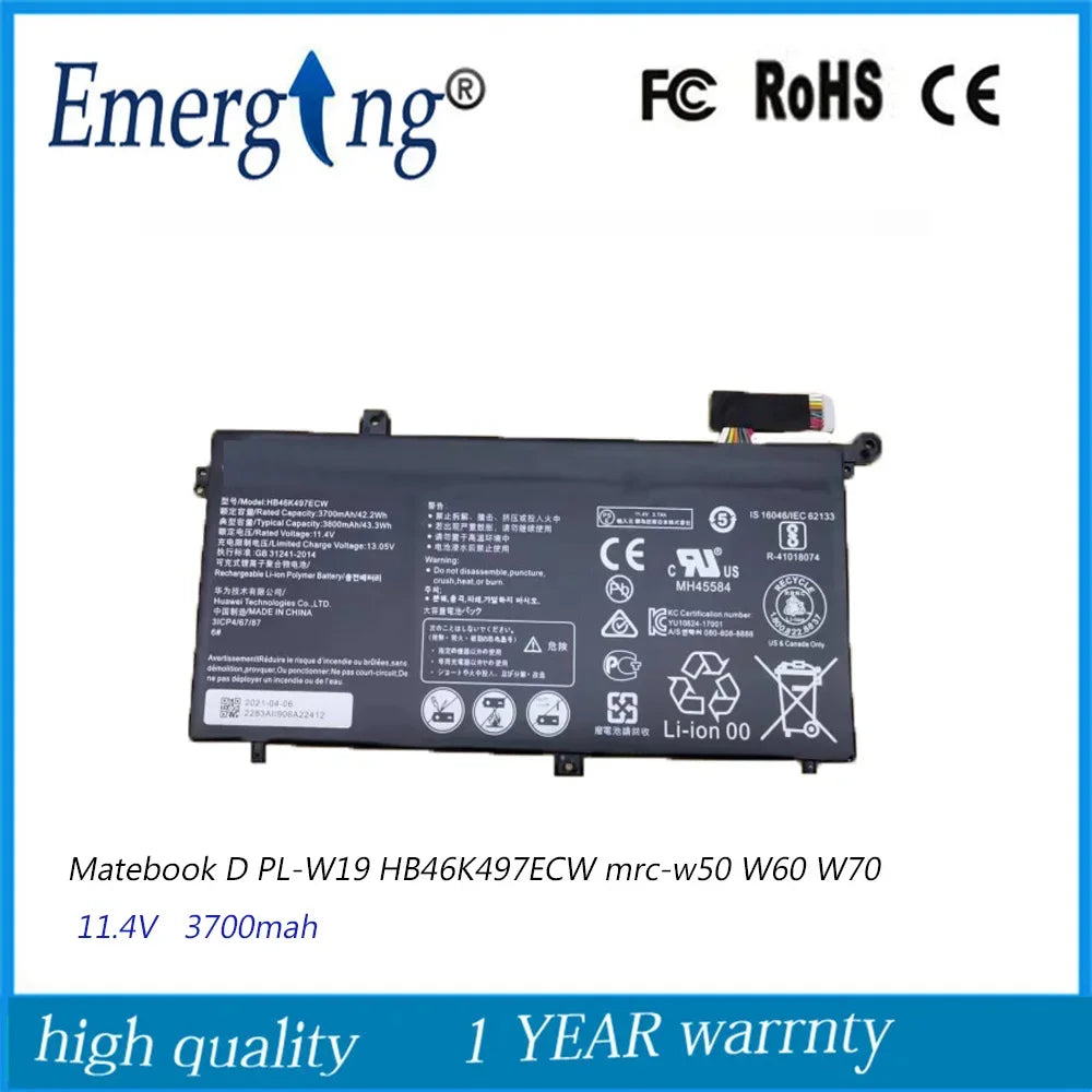 11.4V 42.2Wh HB46K497ECW Laptop Battery For Huawei Matebook D 2018 PL-W19 MRC-W60