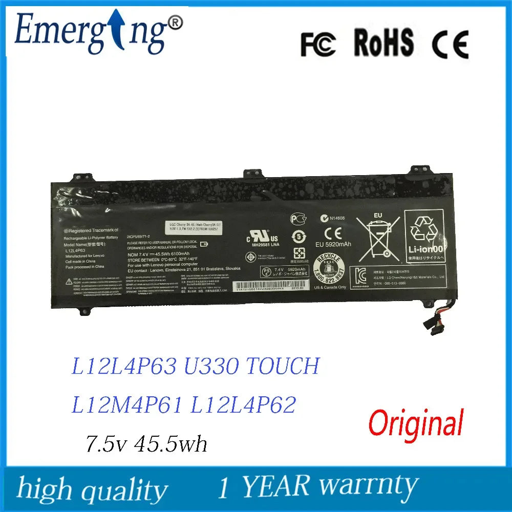 7.5V 45.5WH Original  New  Laptop Battery for  Lenovo Ideapad  U330 U330P U330T Series L12M4P61 L12L4P63 21CP5/69/71-3