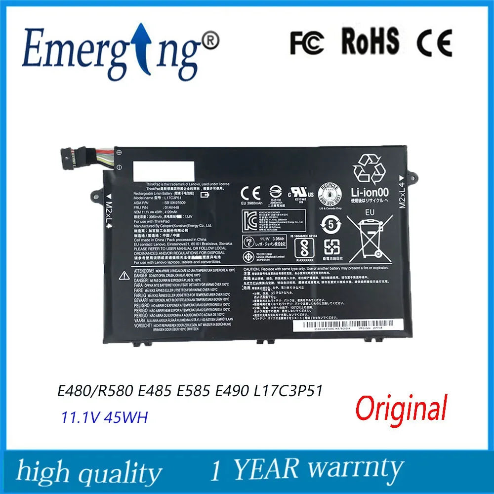 11.1V 45WH Original L17C3P51 Laptop Battery For Lenovo Thinkpad E480 E580 E485 E585 E490 R480 R580 L17M3P51 L17L3P51 01AV446