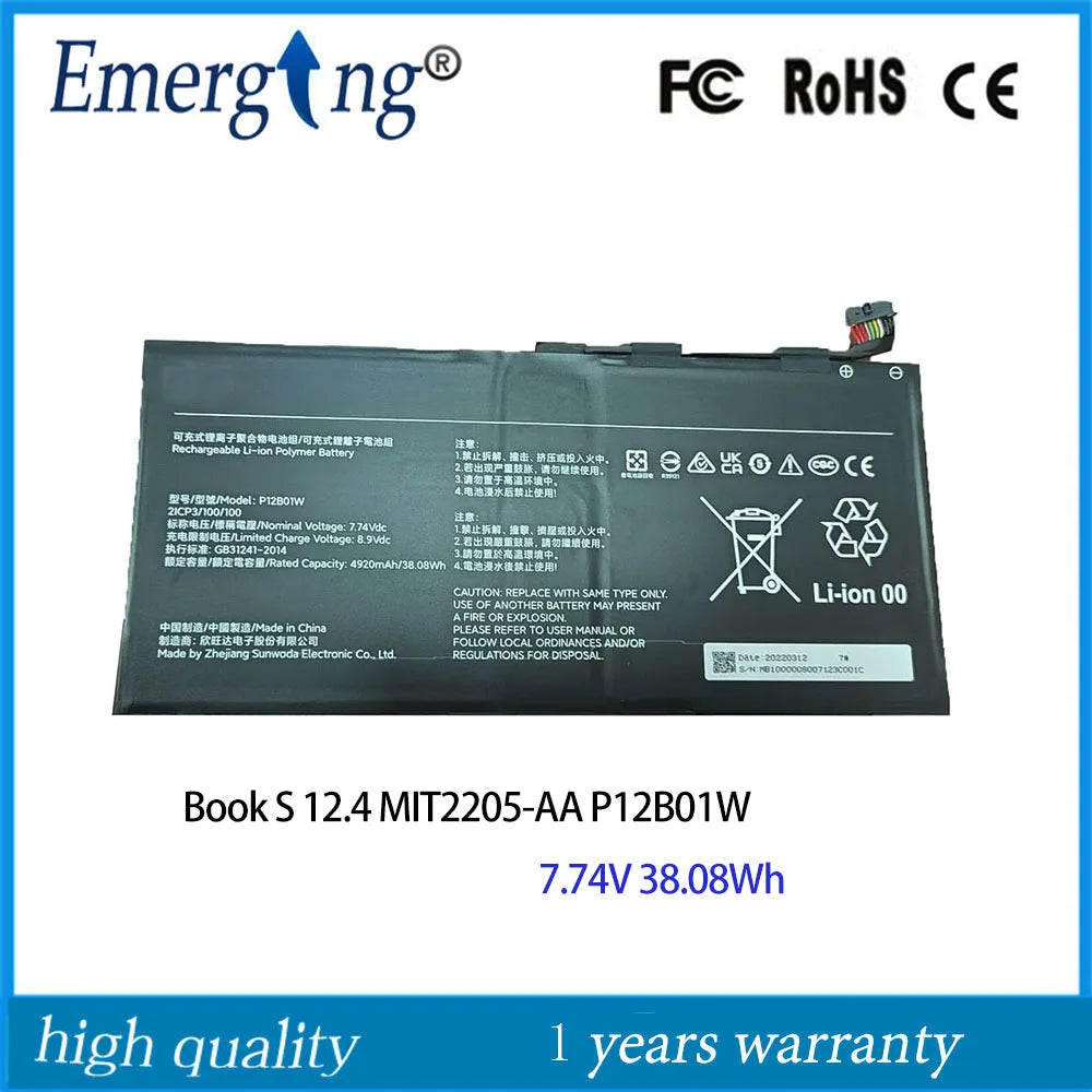 7.74V 38.08Wh New P12B01W Laptop Battery  For Xiaomi  Book S 12.4 MIT2205-AA