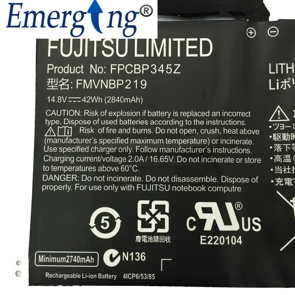 14.8V 42Wh FPCBP345Z Laptop Battery for FUJITSU FMVNBP219 FPB0280 LifeBook UH572 Ultrabook