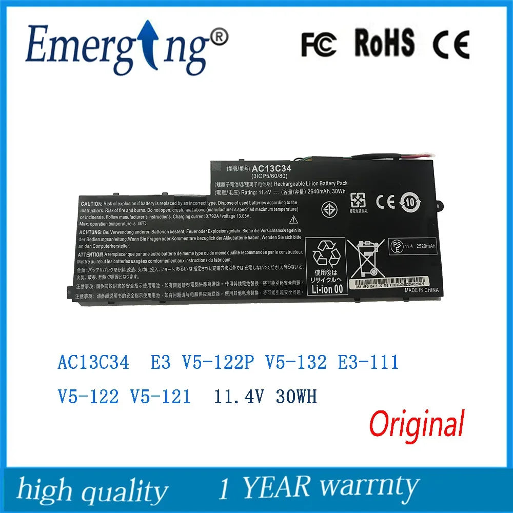 11.4V 30WH Original New AC13C34 Laptop Battery for Acer  Aspire E3 V5-122P ICP5/60/80 V5-132 E3-111 V5-122 V5-121