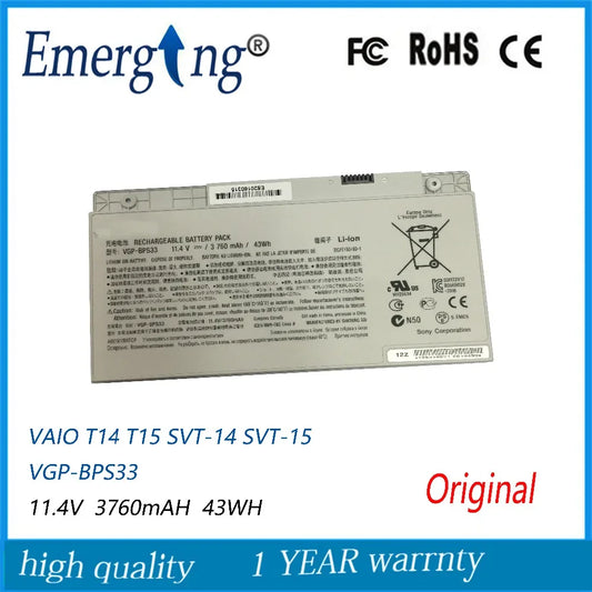 11.4V 43WH New Original Laptop Battery For SONY VGP-BPS33 VAIO SVT-14 SVT-15 T14 T15 BPS33 Touchscreen Ultrabooks