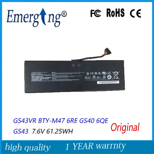 7.6V 61.25WH New Laptop Battery For MSI GS43VR BTY-M47 6RE GS40 6QE GS43