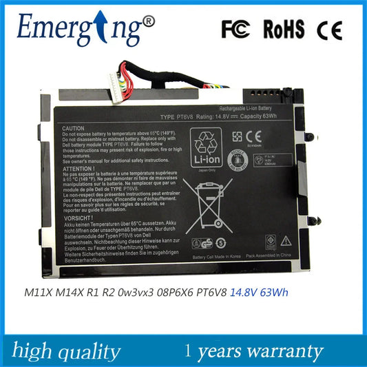 14.8V 63WH  PT6V8 Laptop Battery for Dell Alienware M11X M14X R1 R2 R3 8P6X6  08P6X6 T7YJR P06T