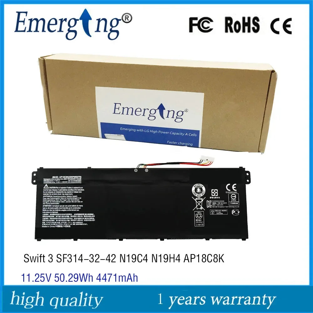 11.25V 50.29Wh 4471mAh AP18C8K Original Laptop Battery For Acer Swift 3 SF314-57-77MU 3INP5/82/70 Aspire 5 A514-54 A515-56 56G