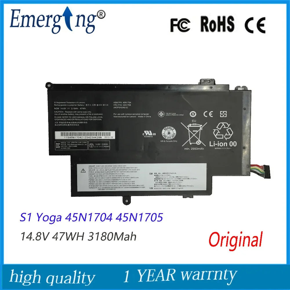 14.8V 47Wh New  Original   Laptop Battery for Lenovo  Thinkpad 12.5"  YOGA S1  45N1704 45N1707 45N1705