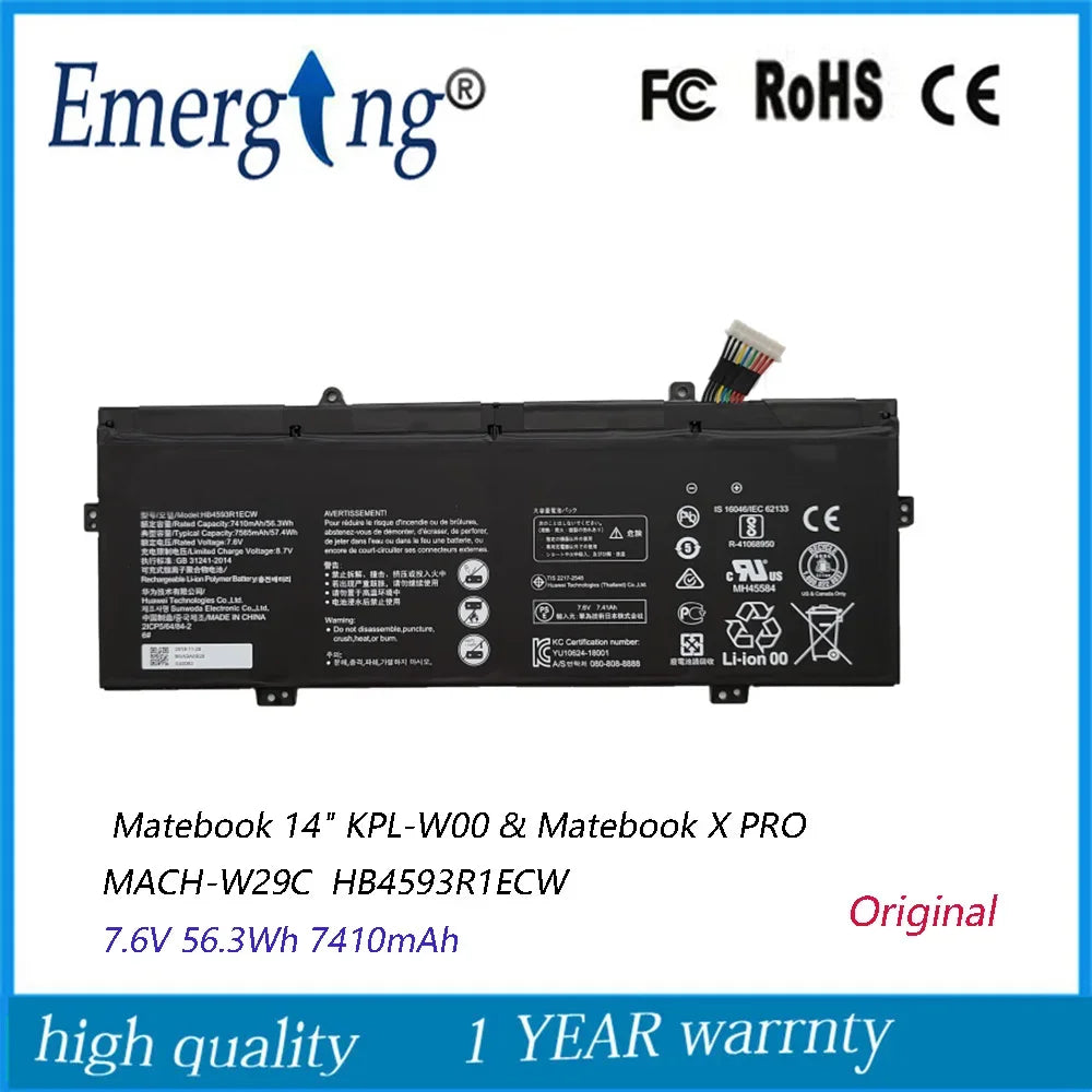 7.6V 56.3Wh 7410mAh New Battery HB4593R1ECW For HUAWEI Matebook 14" KPL-W00 &  X PRO MACH-W29C 8250U R5 2500U