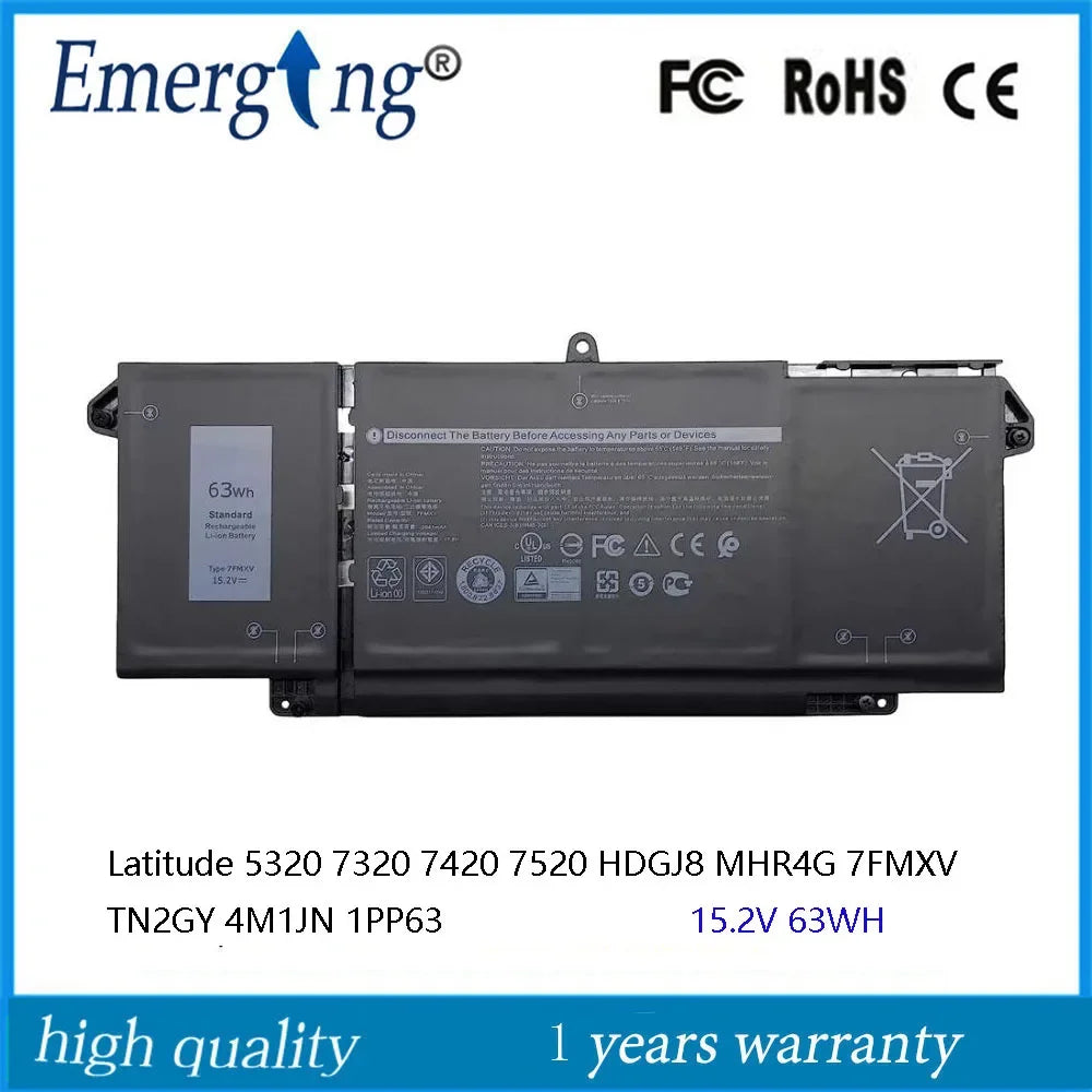 15.2V New 7FMXV 9JM71 Laptop Battery  For DELL Latitude 13 5320 2-in-1 14 7420 7520 4M1JN HDGJ8 TN2GY 0TN2GY MHR4G 1PP63