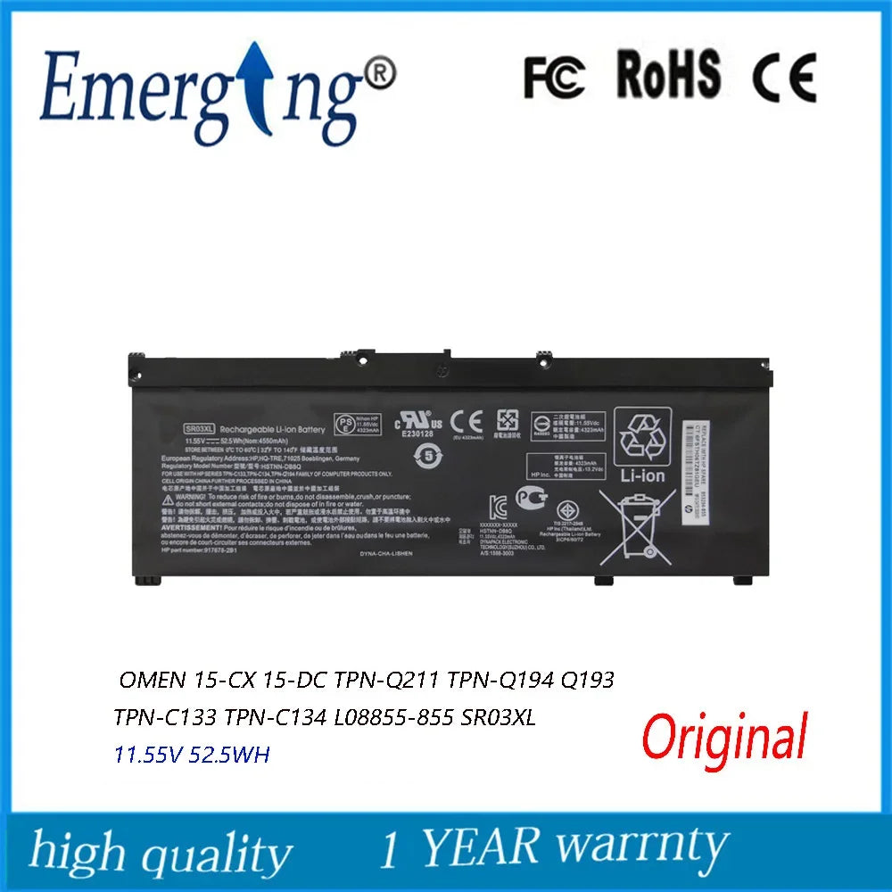 11.55V 52.5WH SR03XL  Battery for HP OMEN 15-CX 15-DC TPN-Q211 TPN-Q194 Q193 TPN-C133 TPN-C134 HSTNN-DB8Q L08934-2B1 L08855-855