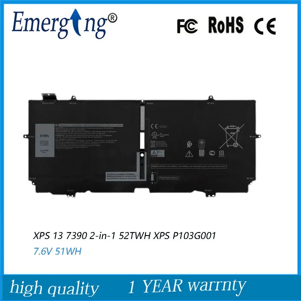 7.6V 51Wh New Original 52TWH Laptop Battery for Dell XPS 13 7390 2-in-1 XPS P103G001