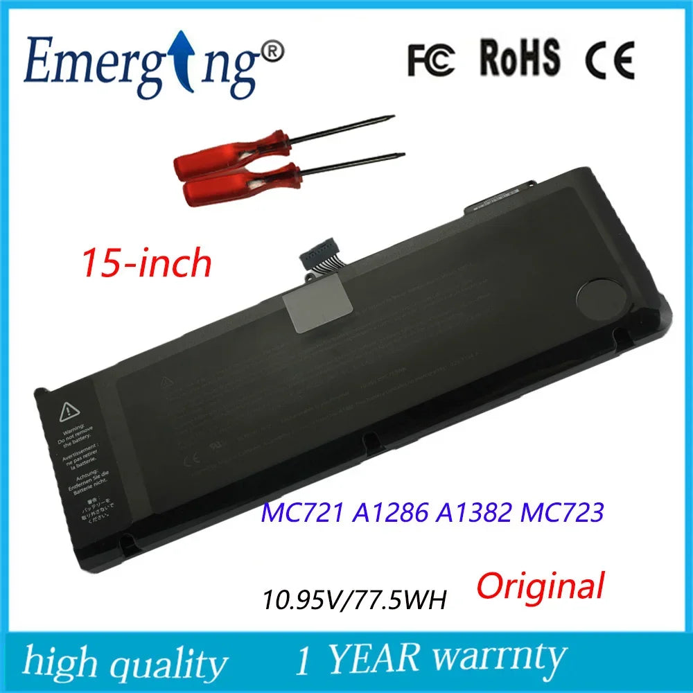 10.95v 77.5Wh New  Original   Laptop Battery for APPLE  MacBook Pro 15 A1286 2011 2012 Series A1382 MC723 MC721 with tools