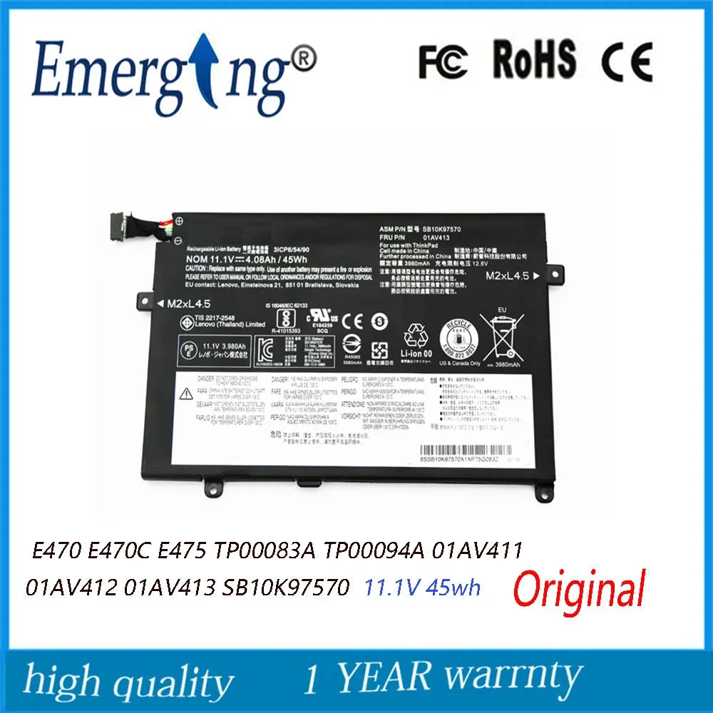 11.1V 45WH New Original 01AV413 Battery for Lenovo  E470 E470C E475 TP00083A TP00094A 01AV411 01AV412 SB10K97570 SB10K97569