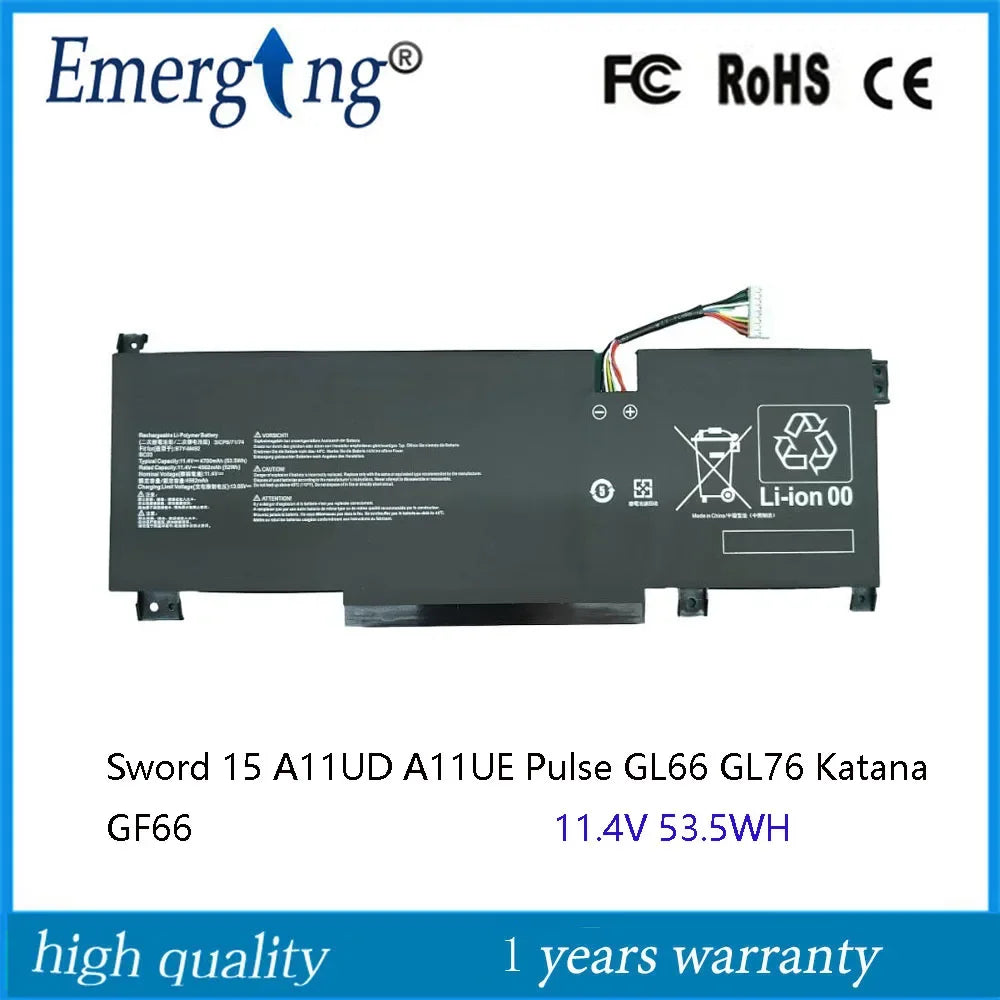 11.4V 53.5WH  BTY-M492 New Laptop Battery For MSI  Sword 15 A11UD A11UE Pulse GL66 GL76 Katana GF66